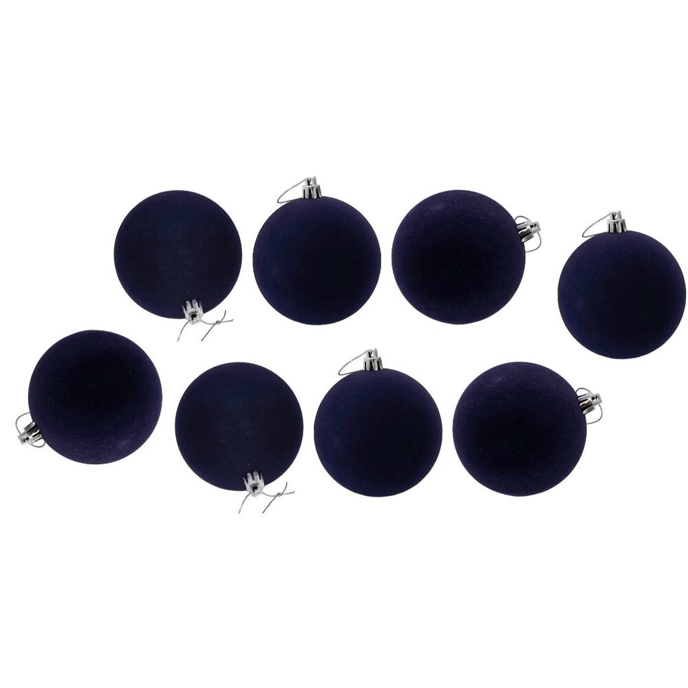 Navy Blue Flocked 3.5" Ball Christmas Ornaments (Set of 8), Holiday Party Decor